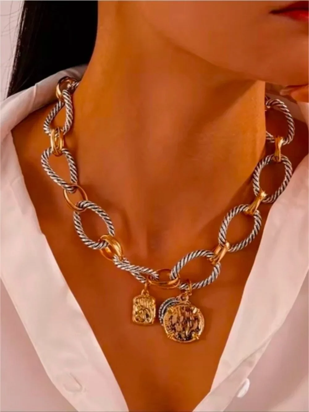 Two-Tone Twisted Link Coin Necklace - Gold & Silver